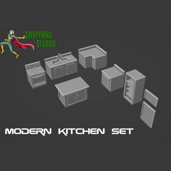 Modern 28mm Scale Kitchen Furniture Set STL – 3D Printable Interior Terrain for Miniature Tabletop Wargaming and Dioramas