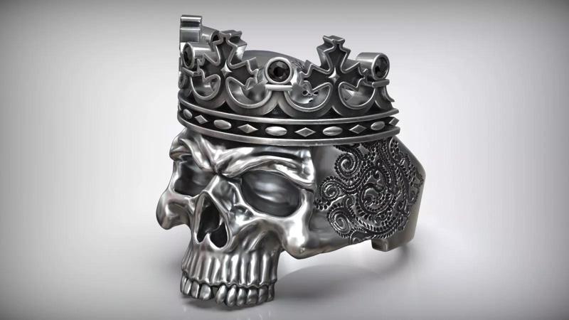 Skull Crown King Black Diamond Pattern Ring