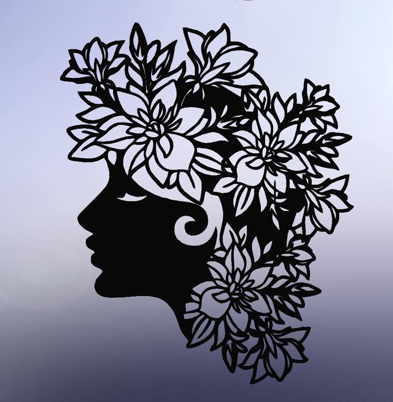Line Art Woman's Head with Floral Hair