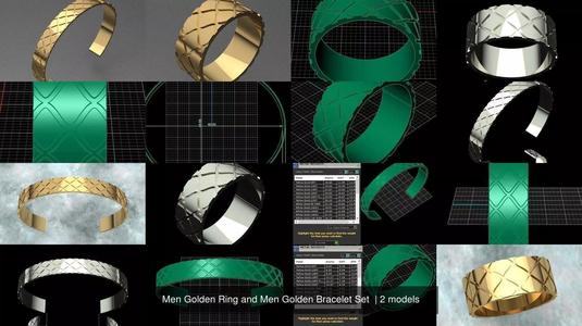 Men Golden Ring and Men Golden Bracelet Set  3D Model Collection
