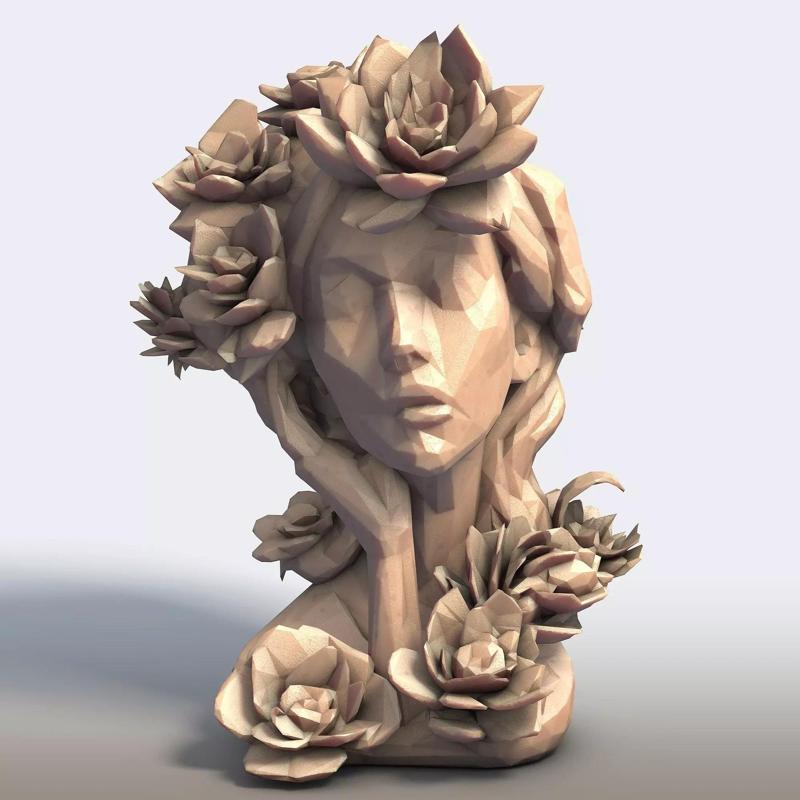 Floral Woman Bust  Low Poly Art Sculpture