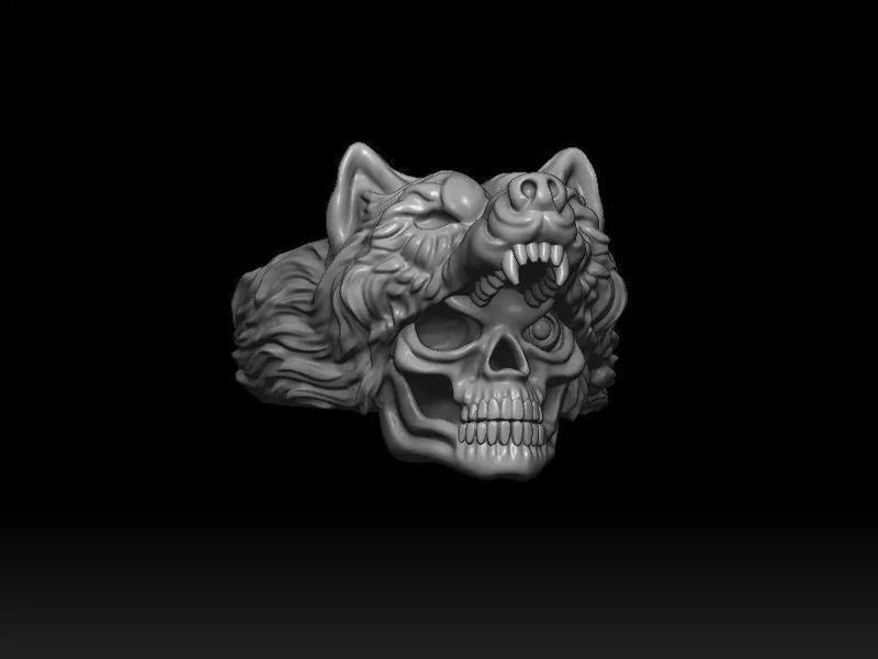 Biker ring skull and wolf 3D print model