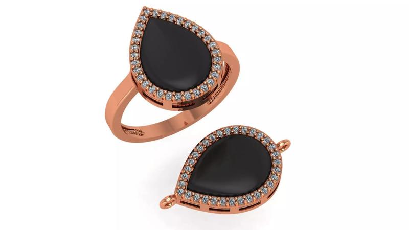 Pear Black Enamel Paint Ring Necklace Set