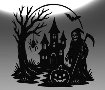 Halloween Castle Scene – Pumpkins, Bats, and Spiders | Line Art