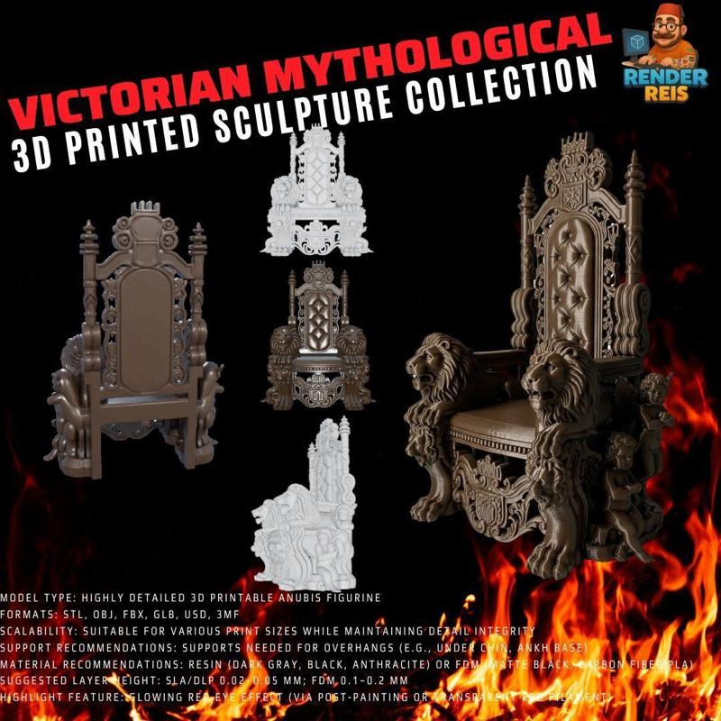 3D Printable Baroque-Style Throne with Lion and Cherub Decorations