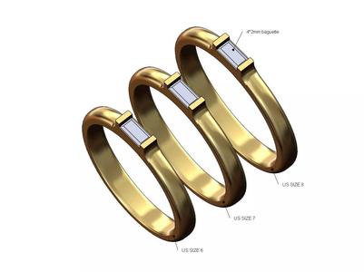 Pinched shank solitaire baguette diamond band Us sizes 6 7 8
