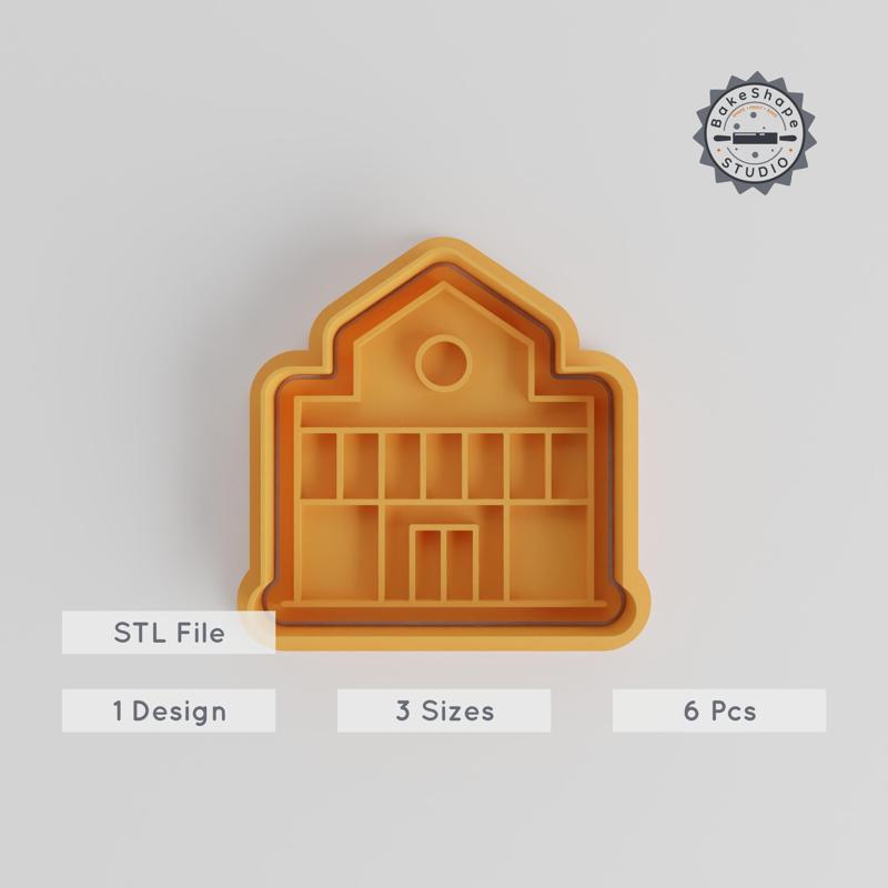 School Shape Cutter & Stamp, Educational Building Cookie & Fondant Tool Set, 6 Piece, S/M/L Sizes