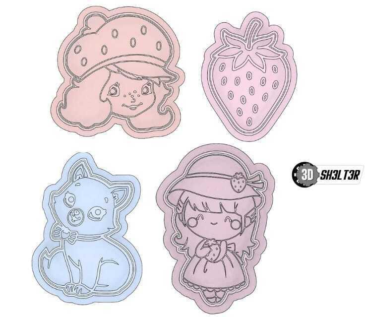 Strawberry Girl, Strawberry, Cat, Doll Cookie Cutter