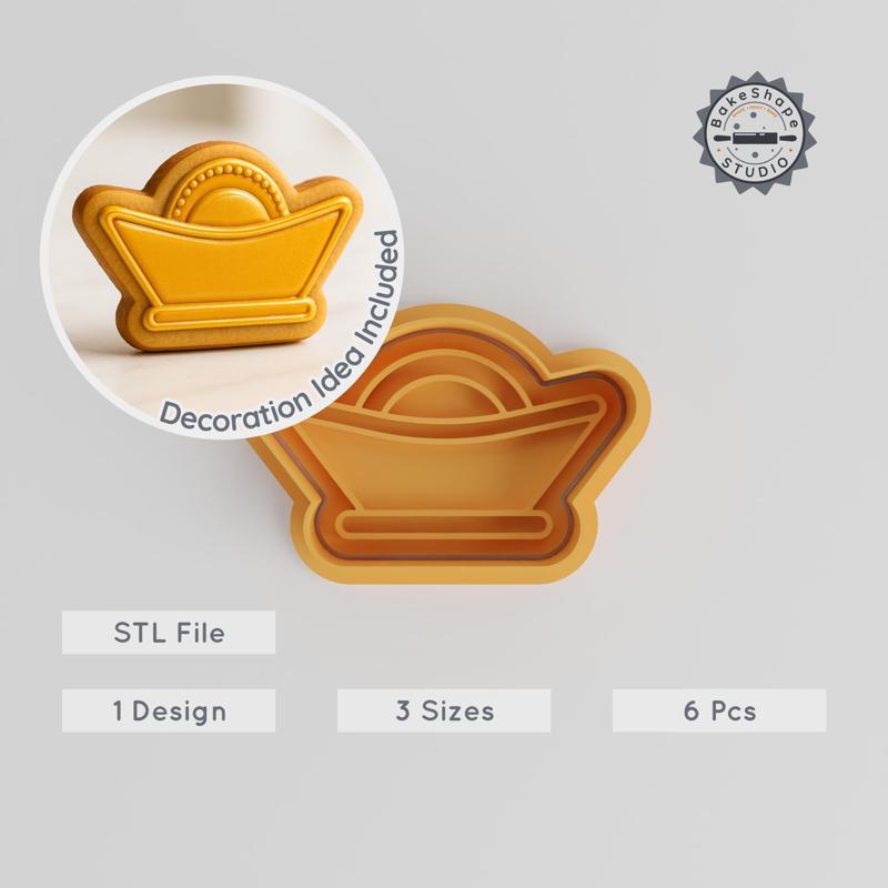 Sycee Shape Cutter & Stamp, Silver Ingot Design, Cookie & Fondant, S/M/L, 6-Piece Set