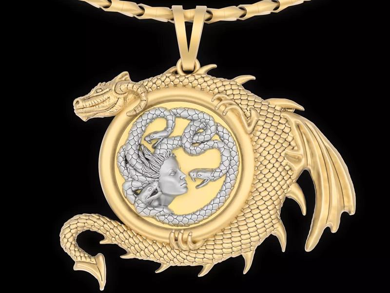 Medusa Snake head dragon pendant jewelry Gold silver necklace