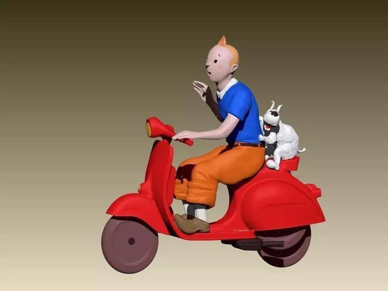 TinTin and milu on a red Vespa