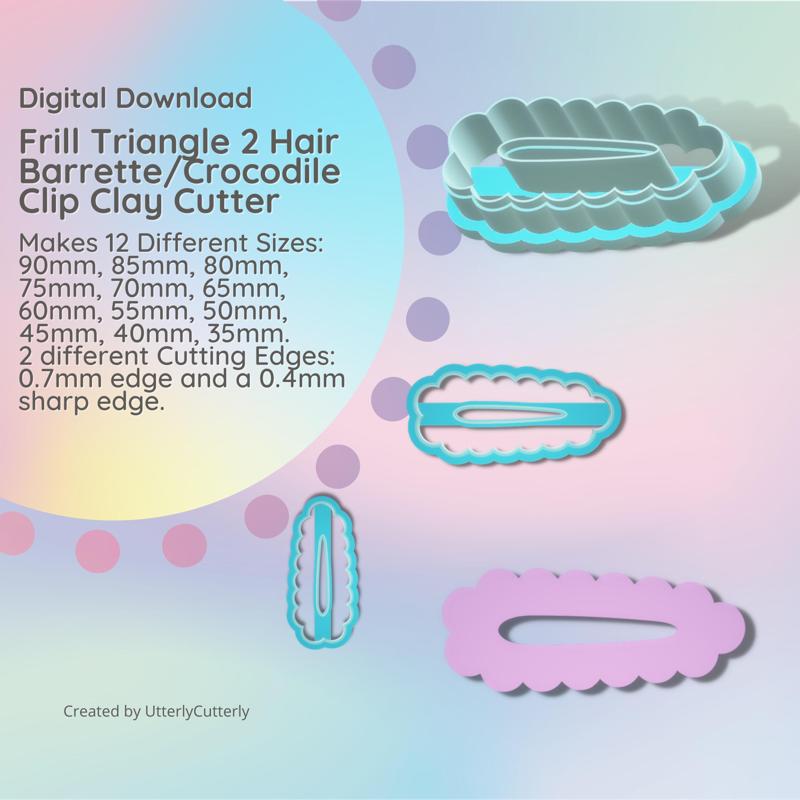 Frill Triangle 2 Hair Barrette/Crocodile Clip Clay Cutter - STL Digital Download- 12 sizes - 2 Cutter Versions, Accessories, 3d Print
