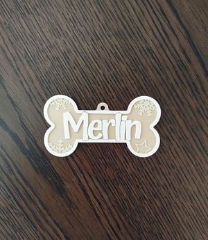 Bone name tag/Christmas tree decoration - Merlin
