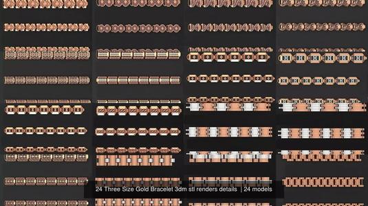 24 Three Size Gold Bracelet 3dm stl renders details  3D Model Collection