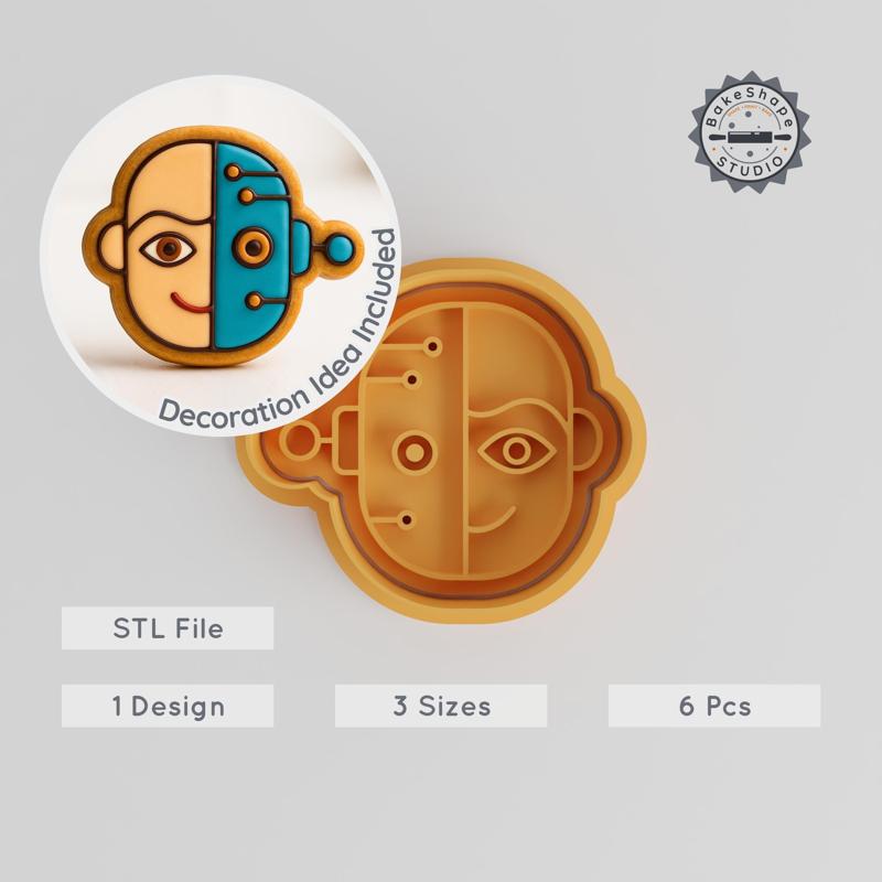 Human Robot Cutter & Stamp Set, 6 pcs, Cyborg Face, Futuristic Cookie, Fondant, S/M/L