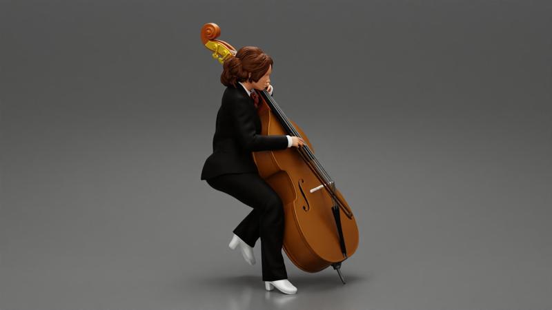 Beautiful young woman musician sitting on a vintage double bass