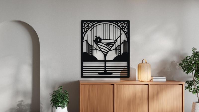 Art Deco Cocktail with Bridge Silhouette Wall Decor