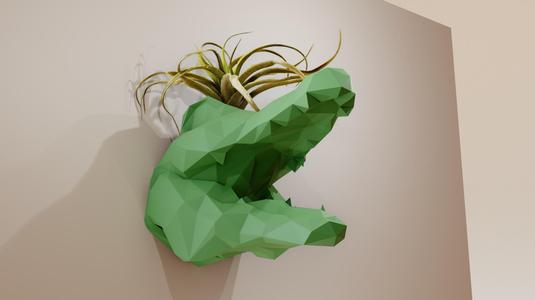 caiman crocodile head wall mount mouth open low poly planter pot flower vase stl