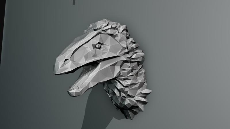 velociraptor dinosaur head wall mount low poly roaring