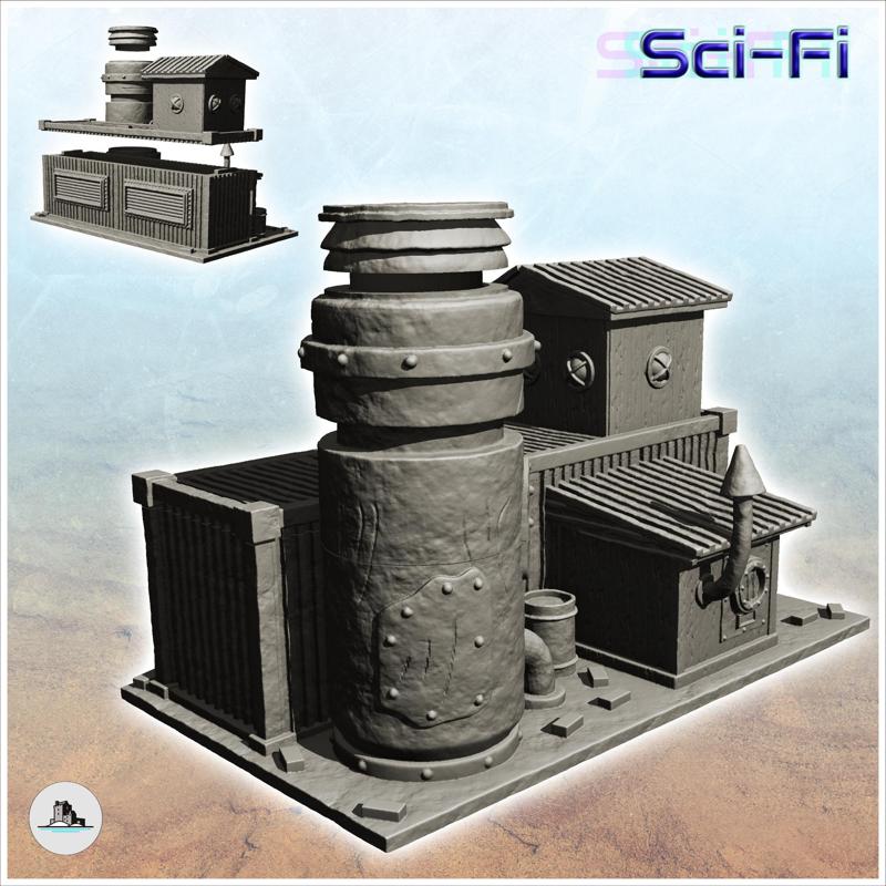 Container-based workshop with large central chimney (6) - Future Sci-Fi SF Zombie plague Post apocalyptique Terrain Tabletop Scifi