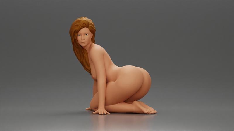 Naked Woman Kneeling Pin-Up Pose on the Beach