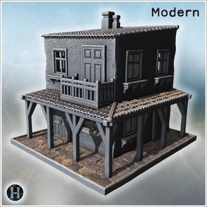 Two-level rustic building with wooden porch, balcony door and exposed roof beams (75) - Modern WW2 WW1 World War Diaroma Wargaming RPG Mini Hobby