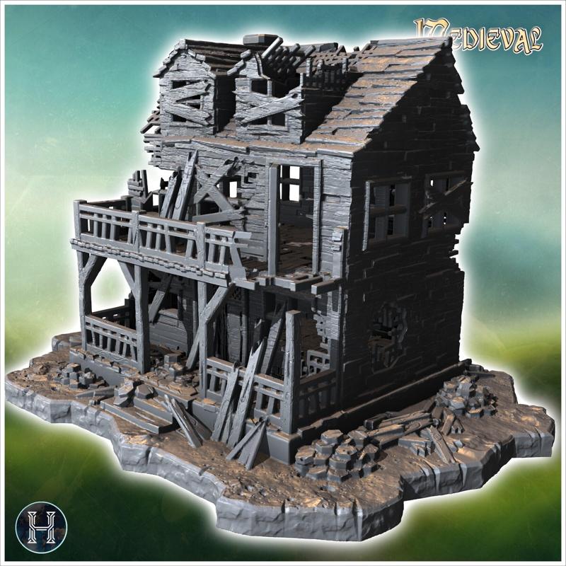 Abandoned wooden house with broken windows, collapsed walls, and scattered debris on the ground (22) - Medieval Gothic Feudal Old Archaic Saga 28mm 15mm RPG