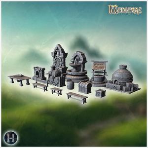 Collection of medieval market items including fountain, well, fireplace, barrels, and benches (2) - Medieval Gothic Feudal Old Archaic Saga 28mm 15mm RPG
