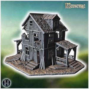 Large wooden house with a damaged porch, broken roof shingles, and debris scattered around (31) - Medieval Gothic Feudal Old Archaic Saga 28mm 15mm RPG
