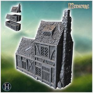 Long medieval building with two-part roof, outdoor fireplace and wooden door (7) - Medieval Gothic Feudal Old Archaic Saga 28mm 15mm RPG