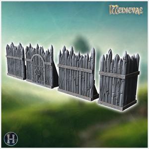 Tall wooden palisade with pointed stakes and an integrated gate with reinforced doors (6) - Medieval Gothic Feudal Old Archaic Saga 28mm 15mm RPG