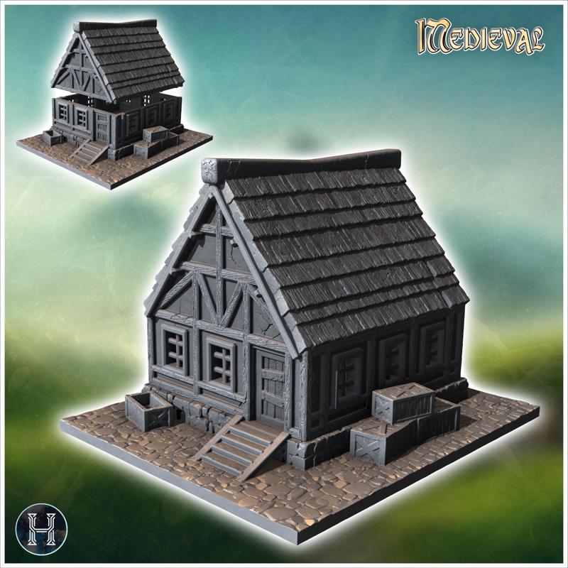 Single-story wooden house with a thatched roof and stone base (5) - Medieval Gothic Feudal Old Archaic Saga 28mm 15mm RPG