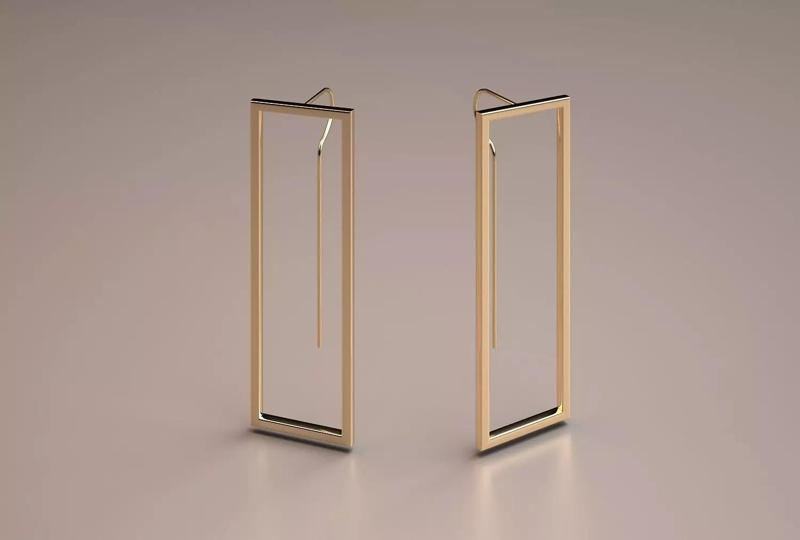 gold rectangle minimal earrings model