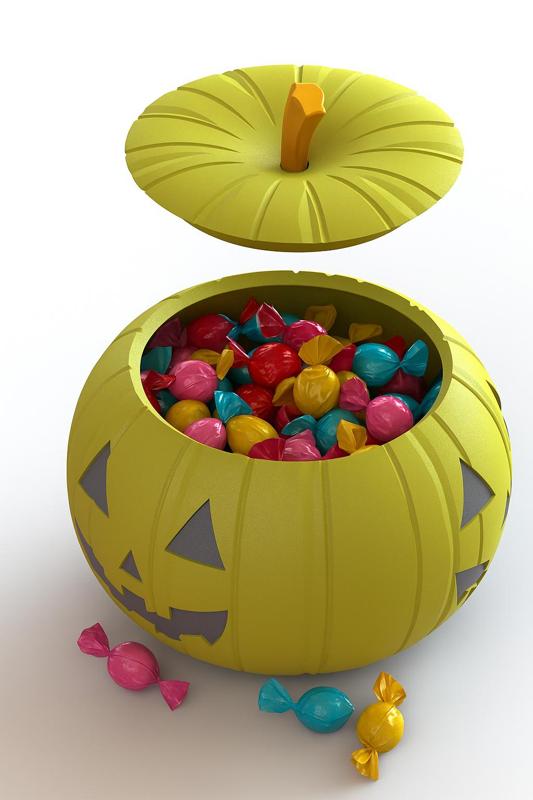 Halloween-themed pumpkin candy holder with 3 faces