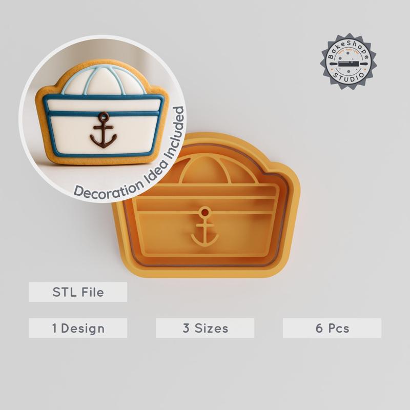 Sailor Hat Shape Cutter & Stamp, Cookie Fondant Decor, Nautical Theme, Small Medium Large Sizes, 6-Piece Set