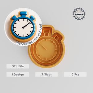Stopwatch Shape Cutter & Stamp, Perfect for Cookies & Fondant, 3 Sizes S/M/L, 6-Piece Set