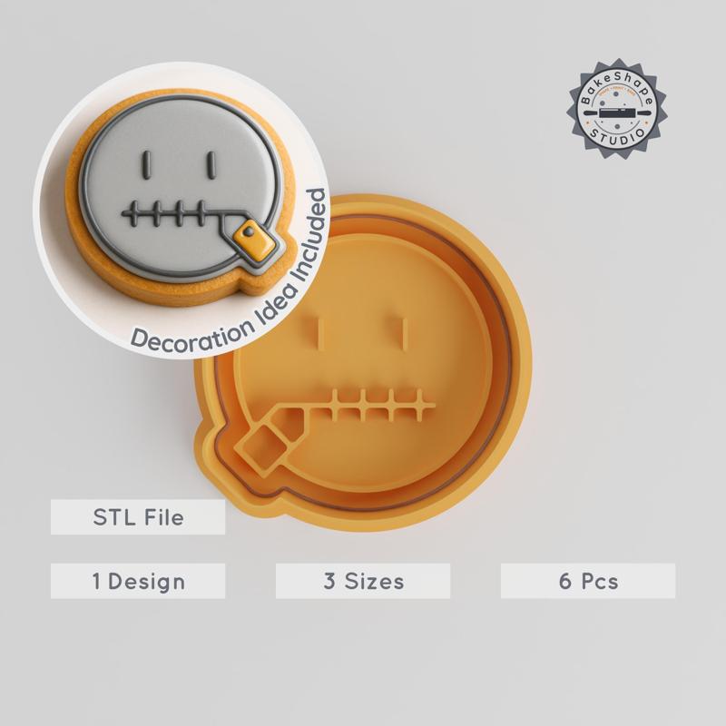 Zipper Mouth Cookie Cutter & Stamp Set, Quiet Emoji Design, Perfect for Fondant, 3 Sizes, 6-Piece STL Collection