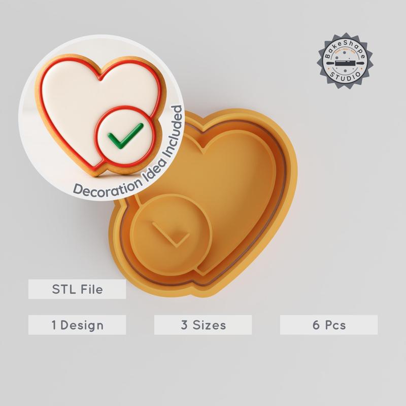 Heart Check Mark Cookie Cutter & Stamp, Love Verified Shape, Perfect for Fondant, 3 Sizes S/M/L