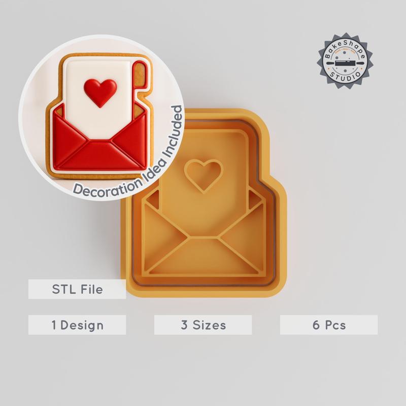 Heart Mail Shape Cutter & Stamp, Love Letter Cookie & Fondant Tool, 3 Sizes S/M/L, 6-Piece Set