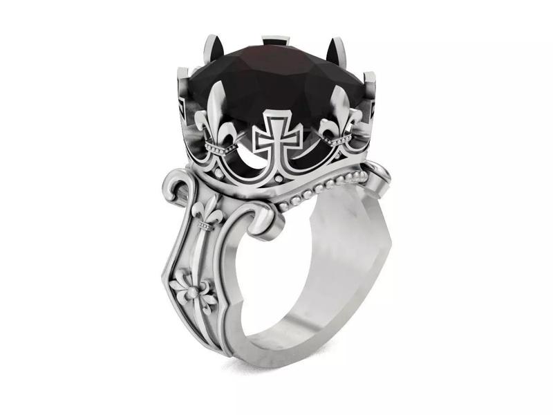 man signet Fleur de Lis with big stones radiant