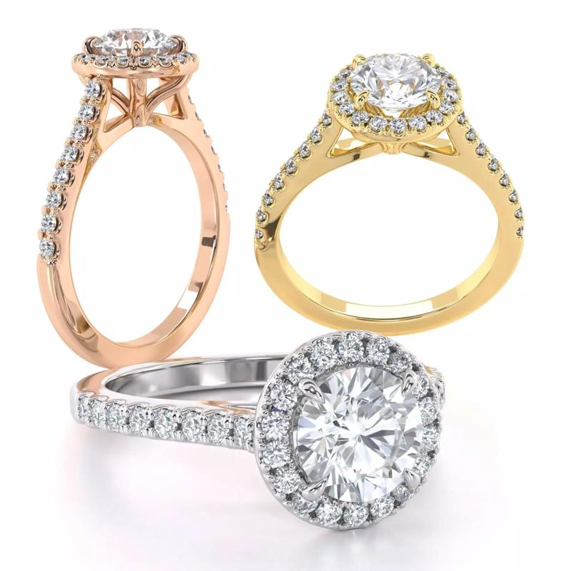 Round Cut Engagement Ring One Row Pave Diamond Band