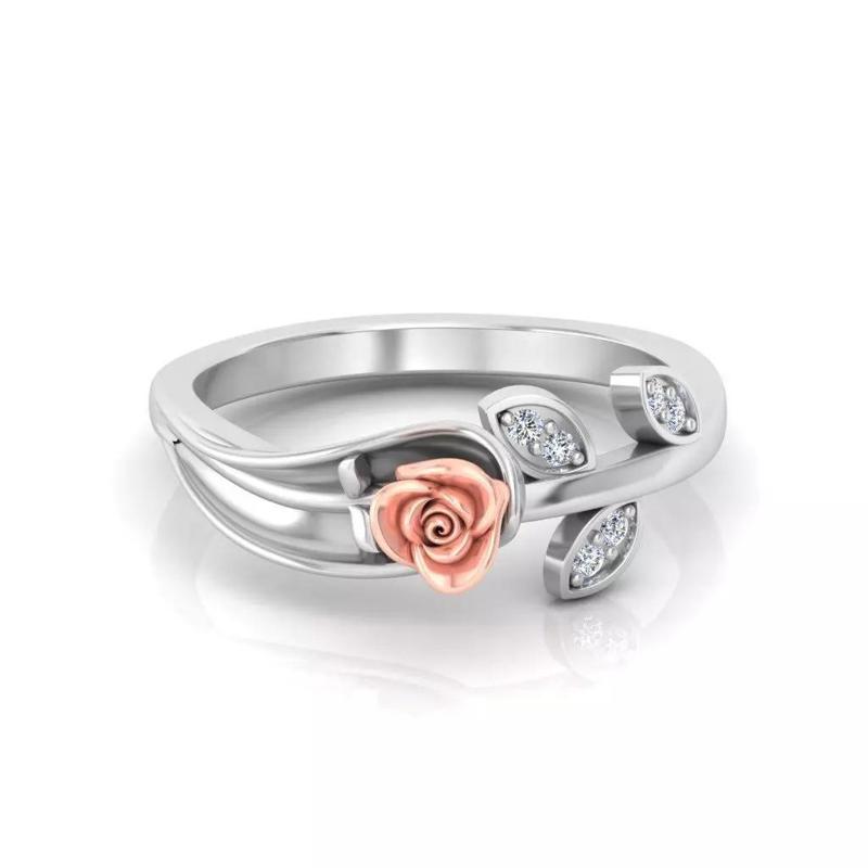 Elegant Rose Bloom with Diamond Leaves Ring 3D Model