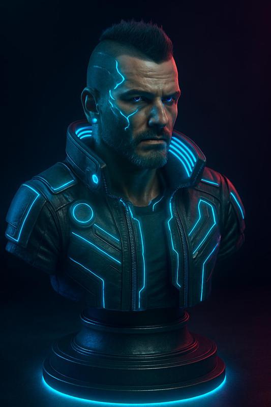 Cyberpunk Style Male Bust - Futuristic Neon Armor Figurine
