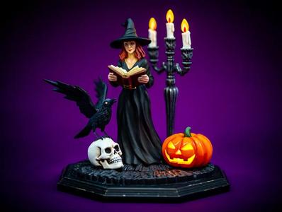 2419Halloween Witch with Skull  Raven and Pumpkin