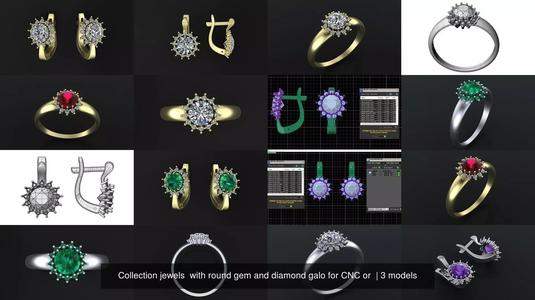 Collection jewels  with round gem and diamond galo for CNC or