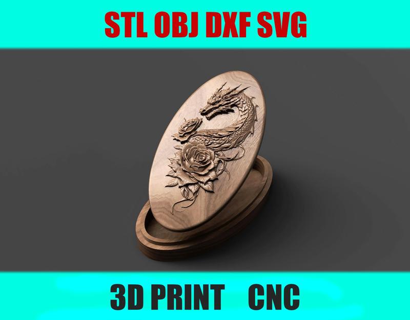 Oval Dragon & Roses Jewelry Box - Decorative 3D Relief Lid | STL OBJ Dxf Svg Files
