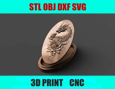 Oval Dragon & Roses Jewelry Box - Decorative 3D Relief Lid | STL OBJ Dxf Svg Files