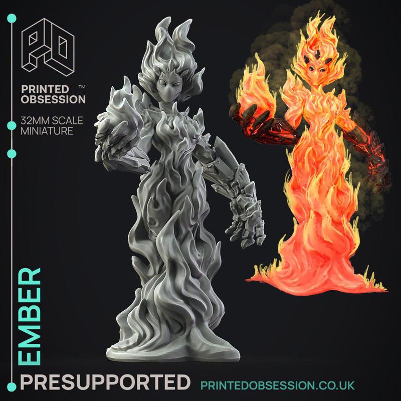 Ember - Fire Elemental - Dungeon Cleaning Inc - PRESUPPORTED - Illustrated and Stats - 32mm scale