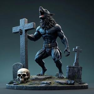 2359 Werewolf Howling with Skull - 3D Model, magic, dragon, serpent, wood, gnome, gorgon, warrior, wild, fox, monster, cat, fair, witch, werewolf, horror, beast, snake, troll, skeleton dance, halloween