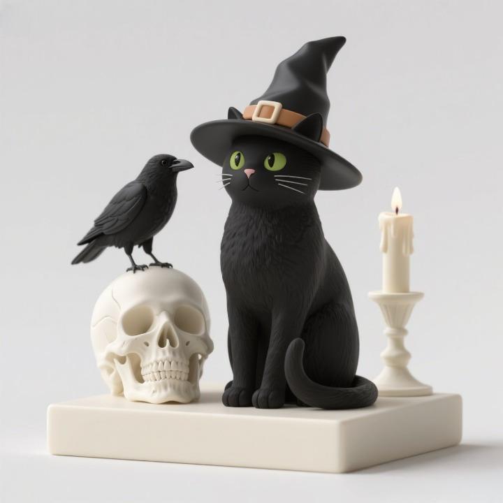 2337 Witch Cat with Skull, Raven, and Candlestick - Ivory-Style Figurine, magic, dragon, serpent, wood, gnome, gorgon, warrior, wild, fox, monster, cat, fair, witch, werewolf, horror, beast, snake, troll, skeleton dance